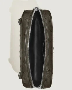 Mini Umhängetasche aus Leder mit Straußenprägung - Khaki - Leder - MB220469 - Messenger Bags