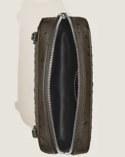 Mini Umhängetasche aus Leder mit Straußenprägung - Khaki - Leder - MB220469 - Messenger Bags