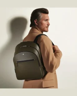 Mittelgroßer Rucksack mit 3 Fächern aus Sartorial Leder - Khaki - Leder - MB221542 - Rucksäcke