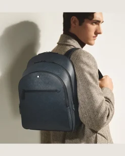 Mittelgroßer Rucksack mit 3 Fächern aus Sartorial Leder - Tweed-Blau - Leder - MB220335 - Rucksäcke