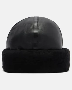 Mütze aus Leder mit Shearling Schwarz