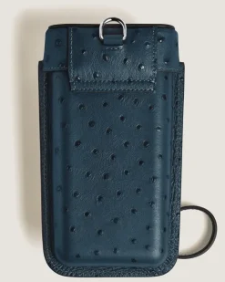 Multifunktionales Etui mit Federdetail aus Leder mit Straußenprägung - Samtblau - Leder - MB220478 - Taschenaccessoires