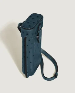 Multifunktionales Etui mit Federdetail aus Leder mit Straußenprägung - Samtblau - Leder - MB220478 - Taschenaccessoires