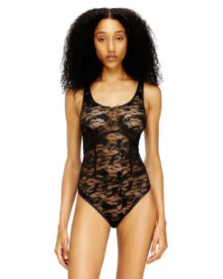 Nylon-Body mit Spitzenmuster - Bodys - Damen - Schwarz