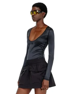 Nylon slim top mit Rundhalsausschnitt und Logo Oval D Stickerei - Oberteile - Damen - Schwarz