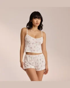 Pointelle Cami Pyjamatop - Florales Weiß