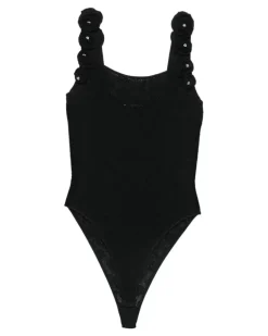 Pointelle-Strickoberteil mit Blumenapplikation - Schwarz