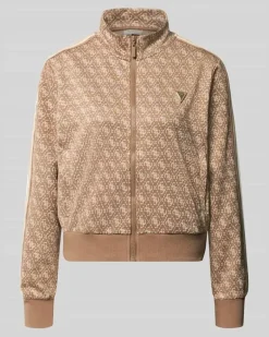 Regular Fit Sweatjacke mit Allover-Logo-Print Camel