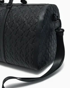 Reisetasche mit geprägtem Muster und Schulterriemen Schwarz