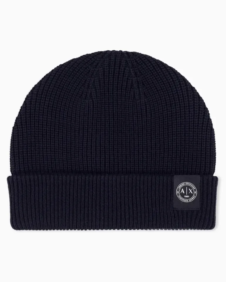 Rippstrick-Beanie mit Umschlag aus Baumwolle und Schurwolle Marineblau