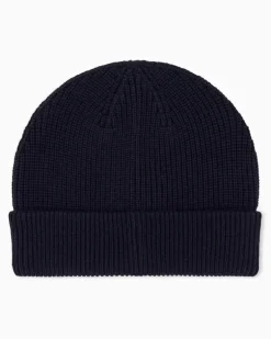 Rippstrick-Beanie mit Umschlag aus Baumwolle und Schurwolle Marineblau