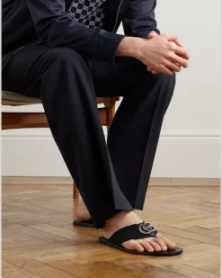 Riviera Logo-Embellished Leather and Elastic Flip Flops Black