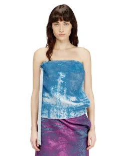 Ärmelloses Top aus farbigem Satinstoff-Denim - Oberteile - Damen - Blau