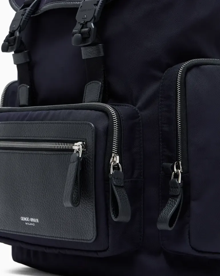 Rucksack aus Nylon und genarbtem Leder Blau