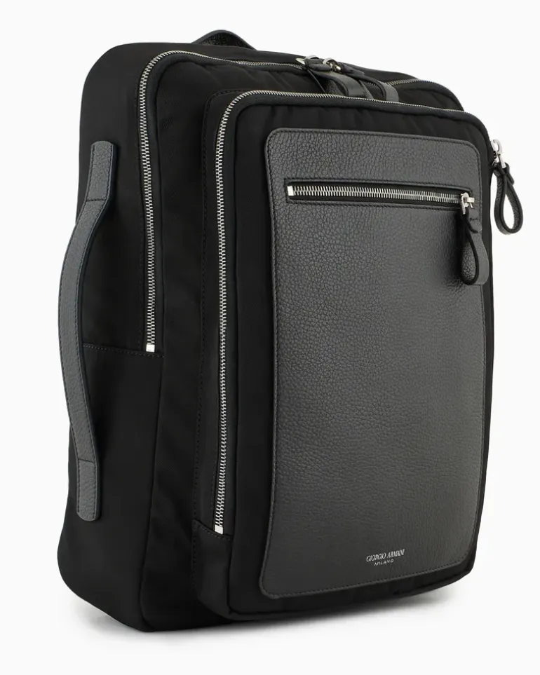 Rucksack aus Nylon und vollnarbigem Leder Schwarz