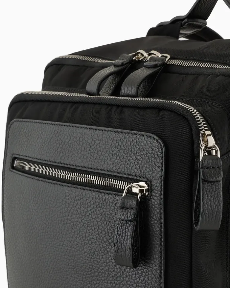 Rucksack aus Nylon und vollnarbigem Leder Schwarz