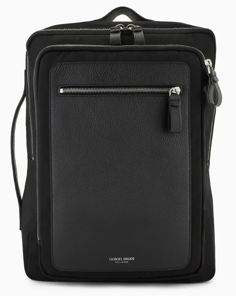 Rucksack aus Nylon und vollnarbigem Leder Schwarz
