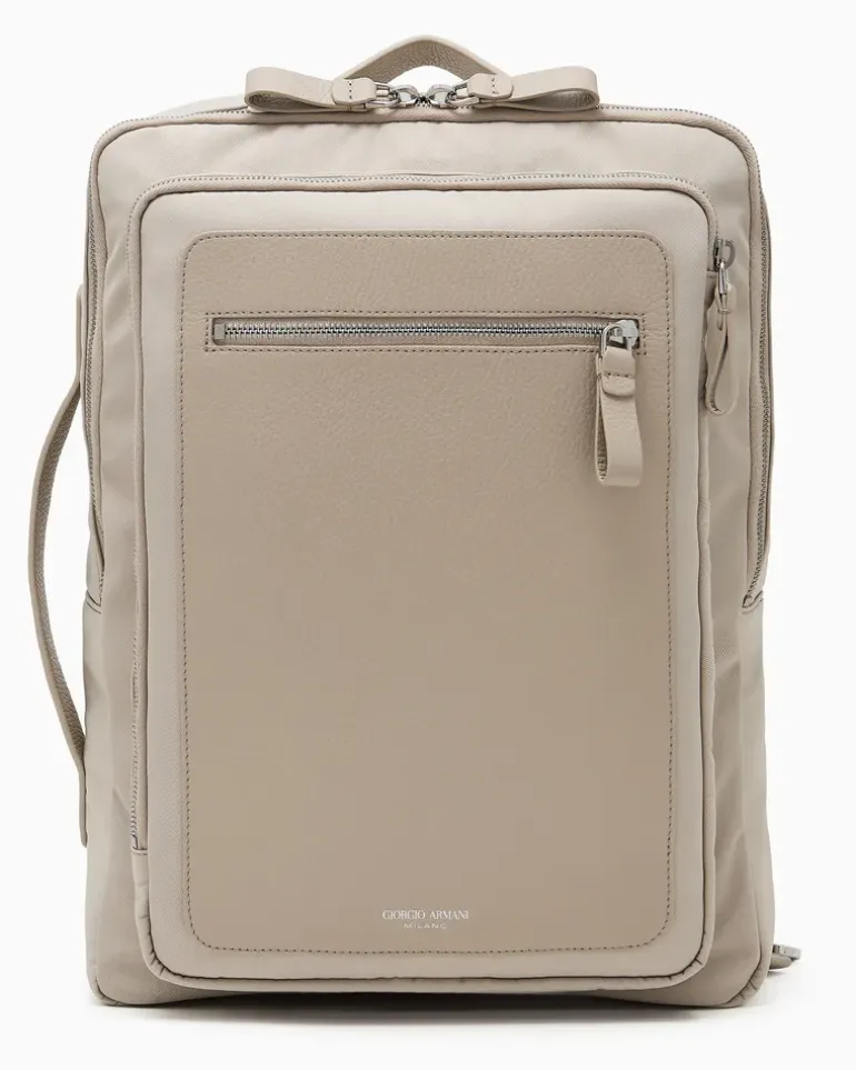 Rucksack aus Nylon und vollnarbigem Leder Beige