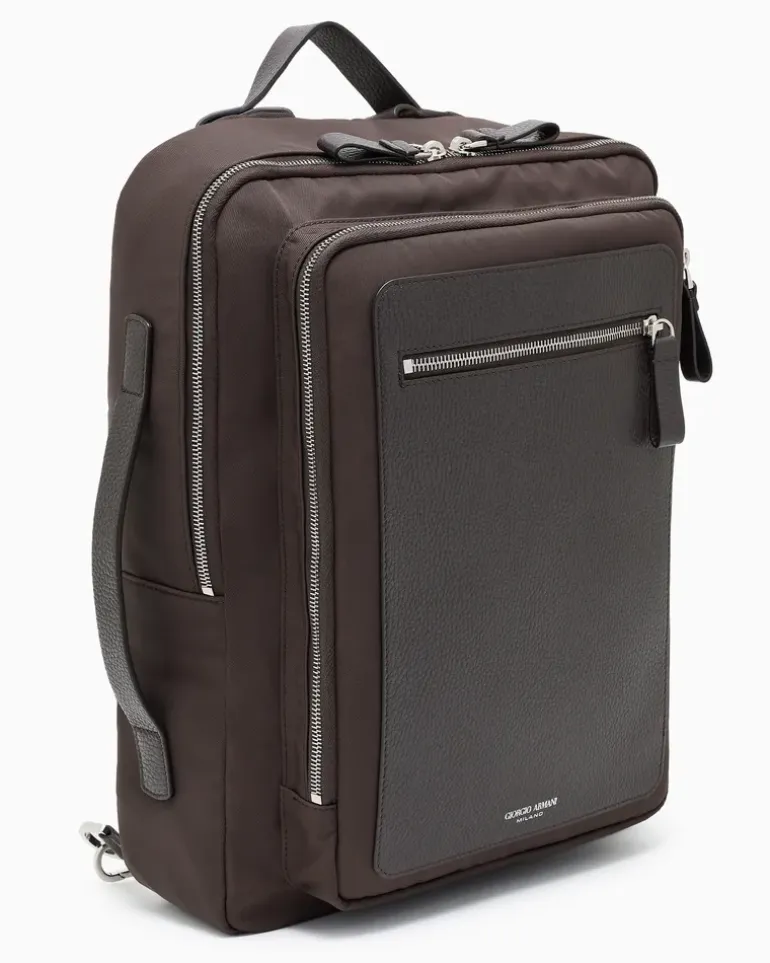 Rucksack aus Nylon und vollnarbigem Leder Braun