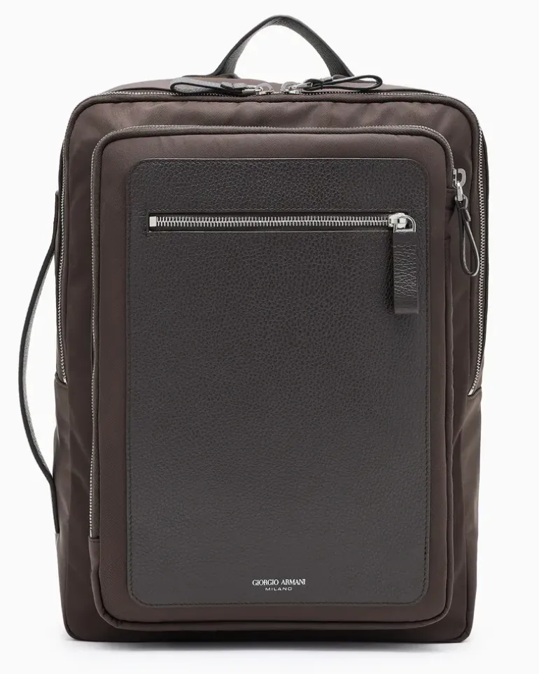 Rucksack aus Nylon und vollnarbigem Leder Braun