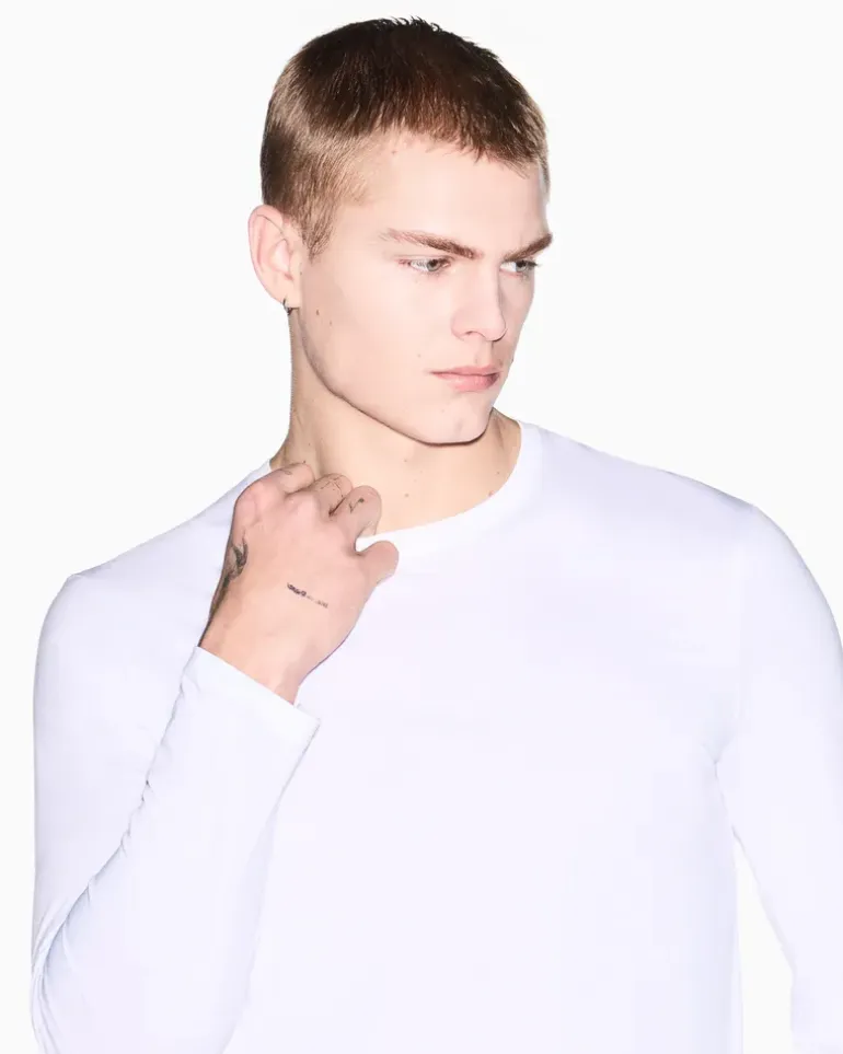 Rundhals-Langarmshirt aus Pima-Baumwolljersey Essential Weiß