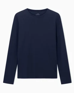 Rundhals-Langarmshirt aus Pima-Baumwolljersey Essential Marineblau