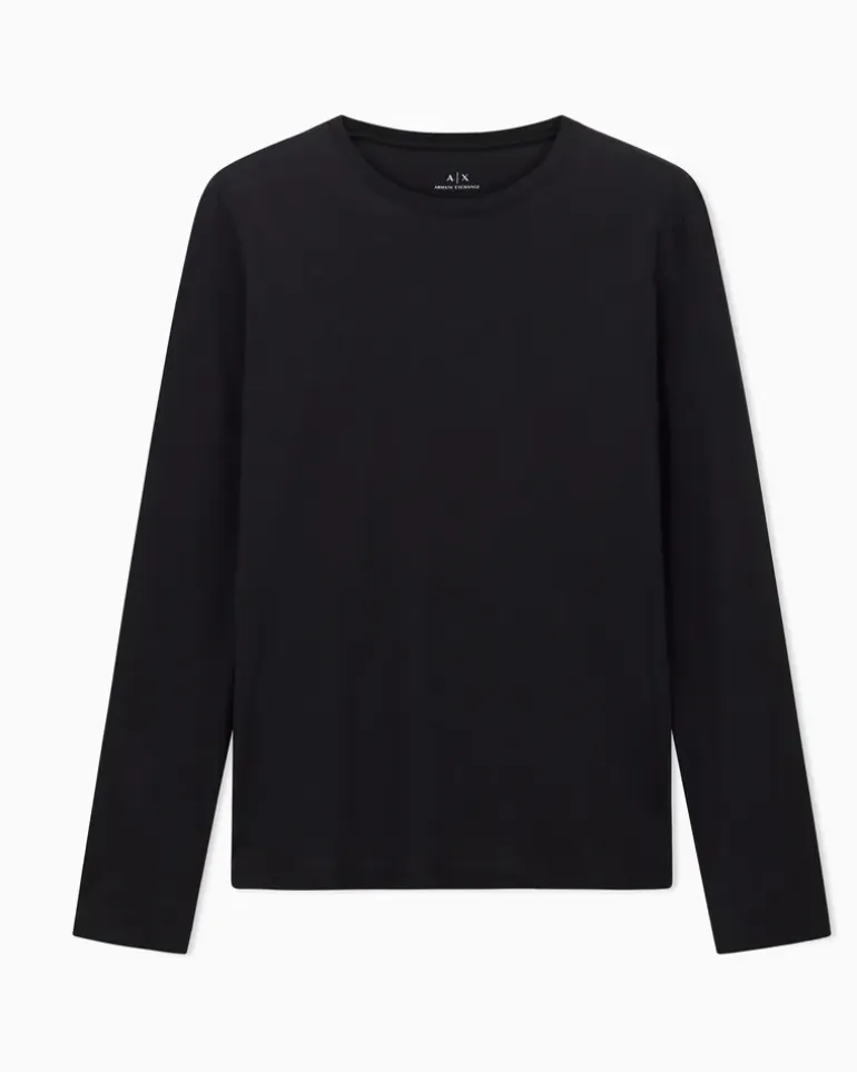 Rundhals-Langarmshirt aus Pima-Baumwolljersey Essential Schwarz