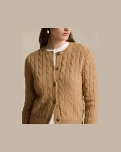Rundhalsstrickjacke aus Kaschmir Tan