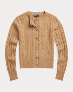 Rundhalsstrickjacke aus Kaschmir Tan
