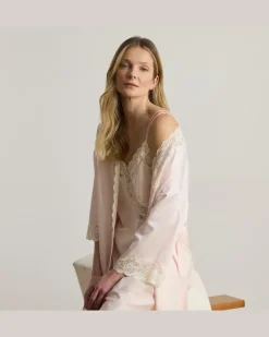Satinmorgenmantel mit Spitze Pink