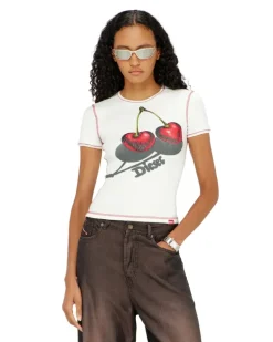 Schlank geschnittenes Baumwoll-T-Shirt mit Kirschdruck - T-Shirts - Damen - Weiss