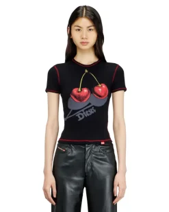 Schlank geschnittenes Baumwoll-T-Shirt mit Kirschdruck - T-Shirts - Damen - Schwarz