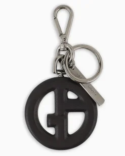 Schlüsselanhänger aus Leder mit rundem Cut-out-Emblem Schwarz