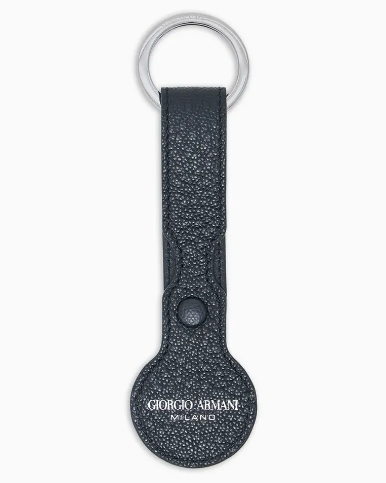 Schlüsselanhänger mit AirTag-Halter, gefertigt aus genarbtem Kalbsleder Schwarz