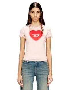 Schmales T-Shirt mit Herz-Print und Nieten - T-Shirts - Damen - Rosa