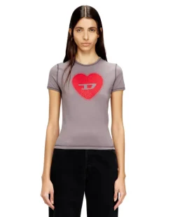 Schmales T-Shirt mit Herz-Print und Nieten - T-Shirts - Damen - Grau