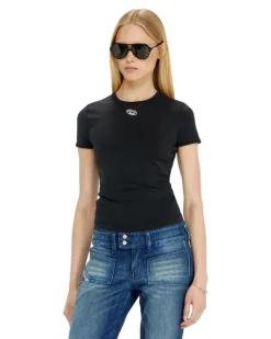 Schmal geschnittenes T-Shirt mit metallischem Oval D - T-Shirts - Damen - Schwarz