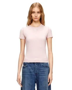 Schmal geschnittenes T-Shirt mit metallischem Oval D - T-Shirts - Damen - Rosa