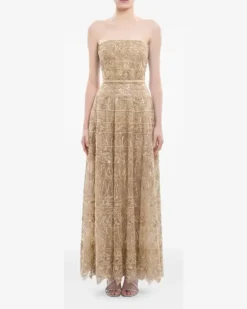 Schulterfreies Tüllkleid mit Perlen - Gold