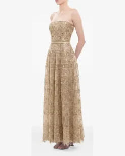 Schulterfreies Tüllkleid mit Perlen - Gold