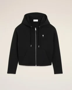 Schwarzer Ami De Coeur Baumwoll-Kapuzenpullover mit Reißverschluss für Damen