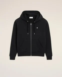 Schwarzer Ami De Coeur Baumwoll-Kapuzenpullover mit Reißverschluss für Herren