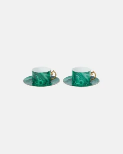 Set Malachite aus zwei Teetassen und Untertassen GrüN