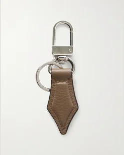 Silver-Tone Full-Grain Leather Keyring Brown