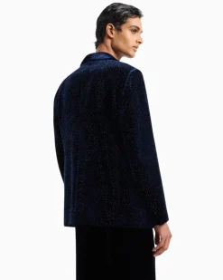 Smokingjacke aus Samt mit Strass und Schalkragen Capsule Blau