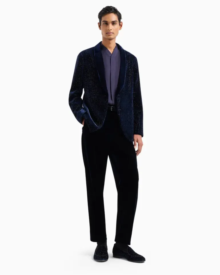 Smokingjacke aus Samt mit Strass und Schalkragen Capsule Blau