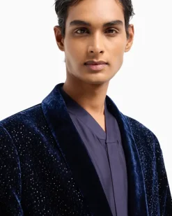 Smokingjacke aus Samt mit Strass und Schalkragen Capsule Blau