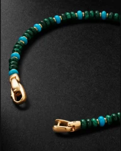 Spiritual Beads 18-Karat Gold, Malachite and Turquoise Beaded Bracelet Blue