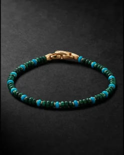 Spiritual Beads 18-Karat Gold, Malachite and Turquoise Beaded Bracelet Blue