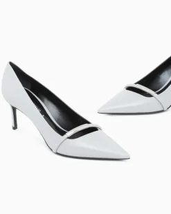 Spitze Pumps aus Leder mit Riemen und Stiletto-Absatz Grau